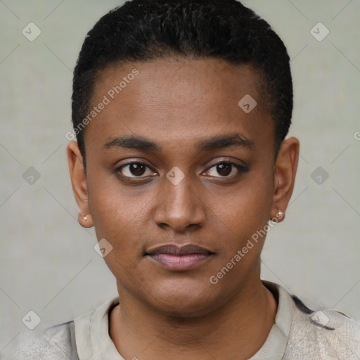 Neutral black young-adult male with short  black hair and brown eyes