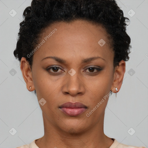 Neutral black young-adult female with short  black hair and brown eyes