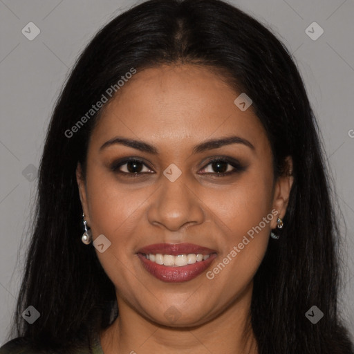 Joyful latino young-adult female with long  brown hair and brown eyes