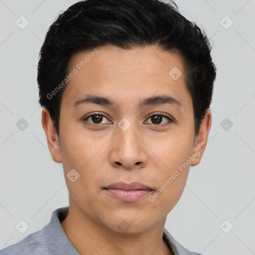 Neutral asian young-adult male with short  black hair and brown eyes