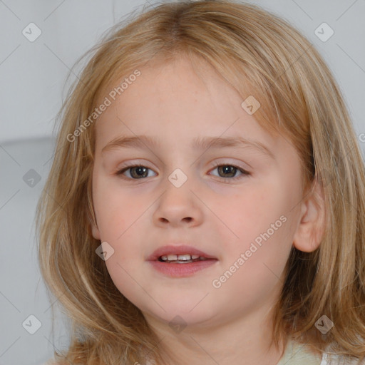 Neutral white child female with medium  brown hair and blue eyes