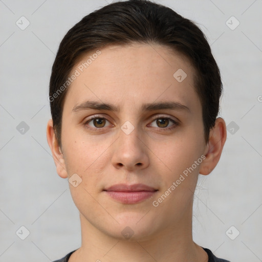 Joyful white young-adult female with short  brown hair and brown eyes