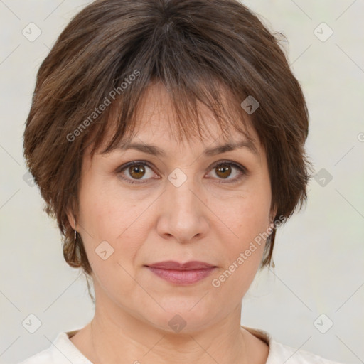 Joyful white adult female with medium  brown hair and brown eyes