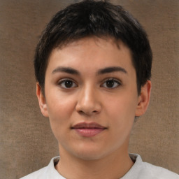 Neutral white young-adult female with short  brown hair and brown eyes