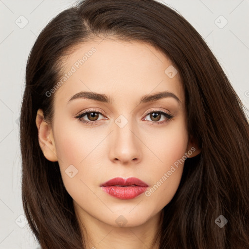 Neutral white young-adult female with long  brown hair and brown eyes