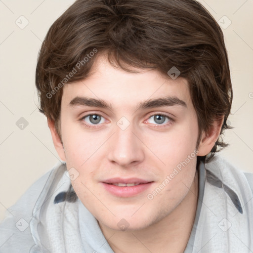 Joyful white young-adult male with medium  brown hair and brown eyes