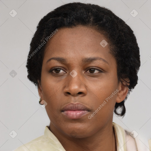 Neutral black young-adult female with short  brown hair and brown eyes