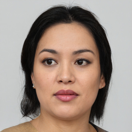 Neutral asian young-adult female with medium  black hair and brown eyes