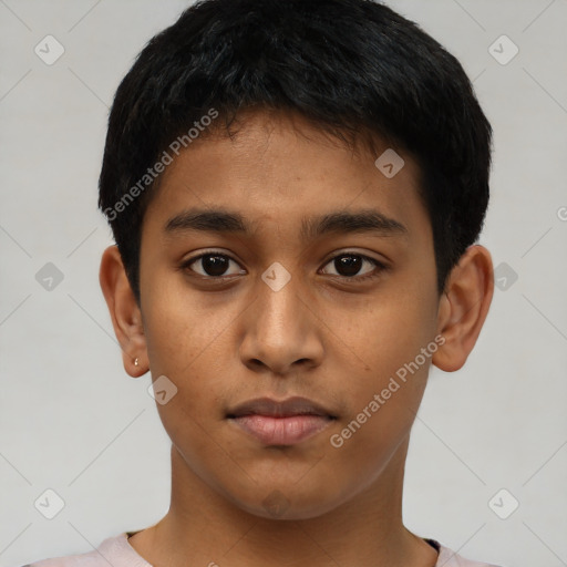 Neutral latino young-adult male with short  black hair and brown eyes