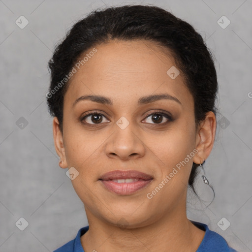 Joyful latino young-adult female with short  brown hair and brown eyes