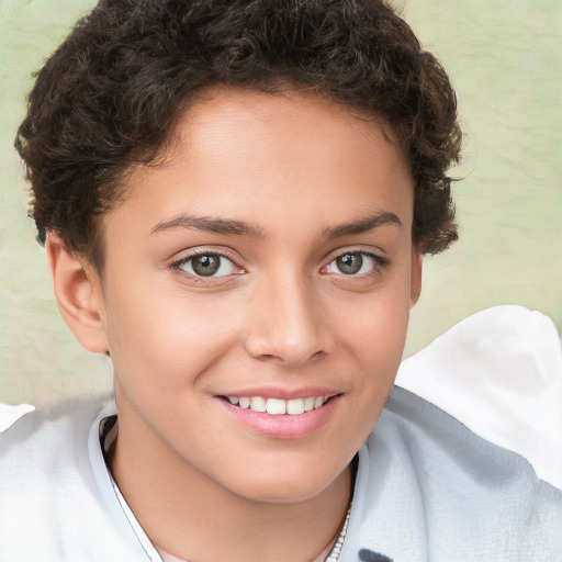 Joyful white child female with short  brown hair and brown eyes