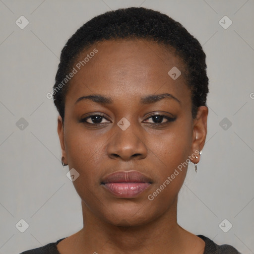 Neutral black young-adult female with short  black hair and brown eyes