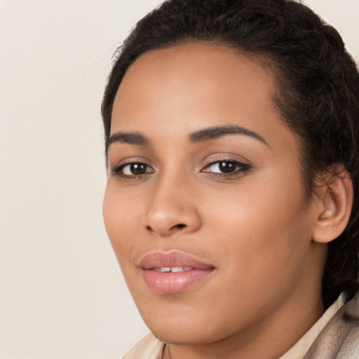 Joyful latino young-adult female with medium  black hair and brown eyes