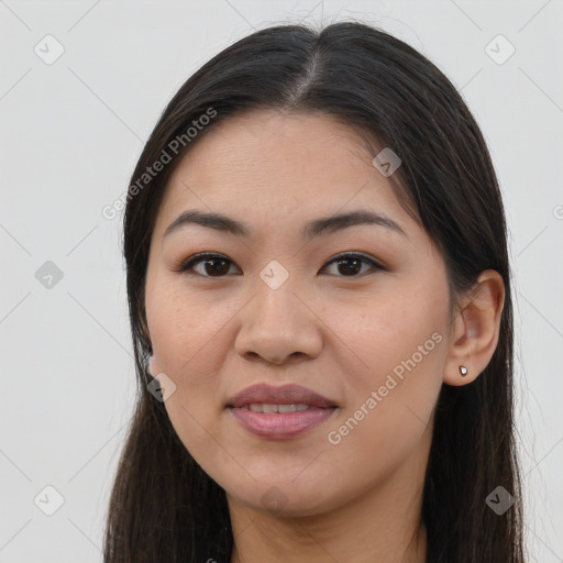 Joyful white young-adult female with long  brown hair and brown eyes