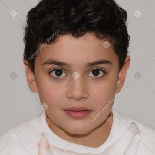 Joyful white child female with short  brown hair and brown eyes