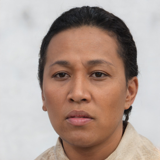 Neutral asian adult female with short  brown hair and brown eyes