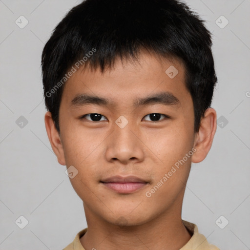 Neutral asian young-adult male with short  brown hair and brown eyes