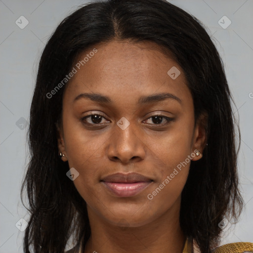 Joyful black young-adult female with medium  brown hair and brown eyes