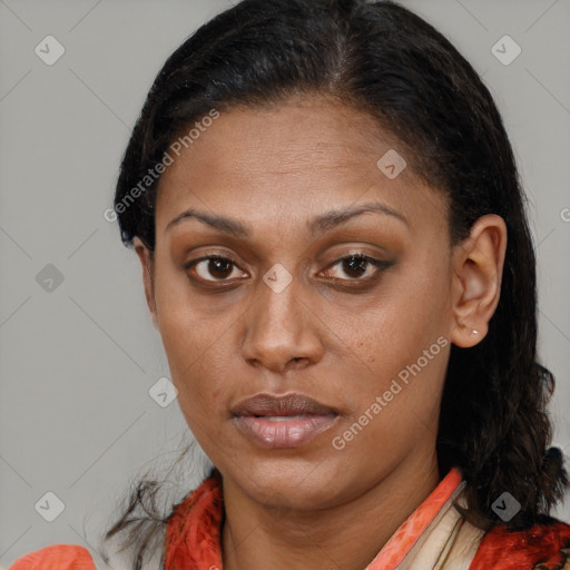 Neutral black young-adult female with medium  brown hair and brown eyes