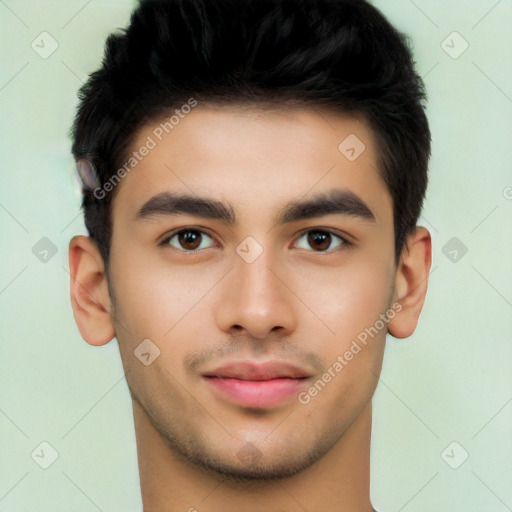 Neutral latino young-adult male with short  black hair and brown eyes