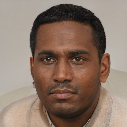 Neutral black young-adult male with short  black hair and brown eyes