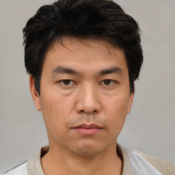 Neutral asian young-adult male with short  black hair and brown eyes