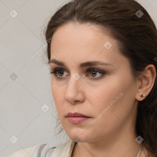 Neutral white young-adult female with medium  brown hair and brown eyes