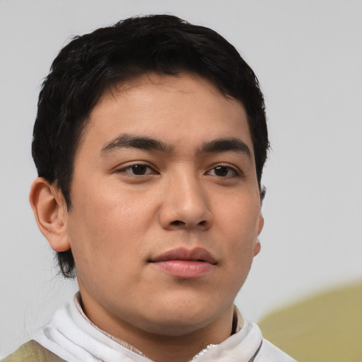 Neutral asian young-adult male with short  brown hair and brown eyes