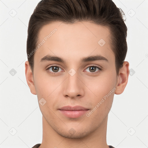 Neutral white young-adult male with short  brown hair and brown eyes