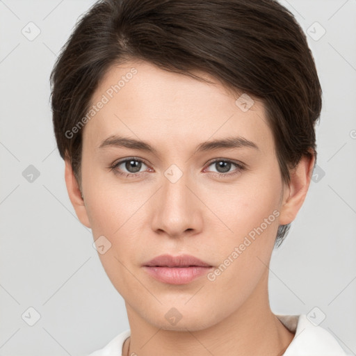 Neutral white young-adult female with short  brown hair and brown eyes