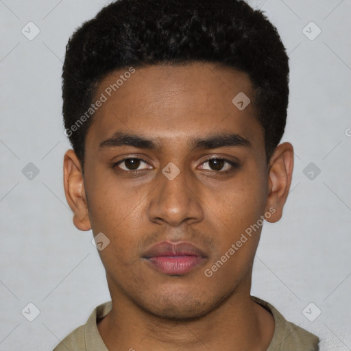 Neutral latino young-adult male with short  black hair and brown eyes