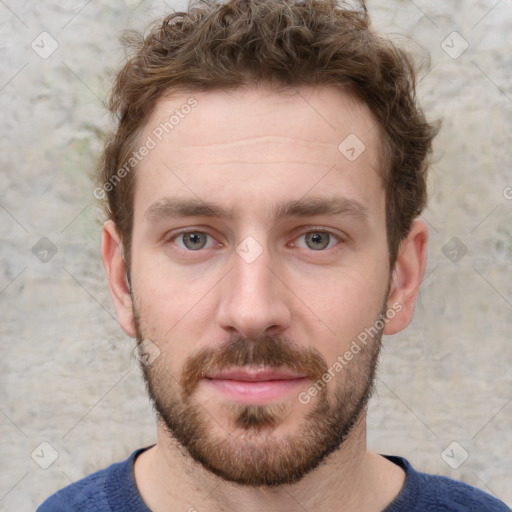 Neutral white young-adult male with short  brown hair and blue eyes