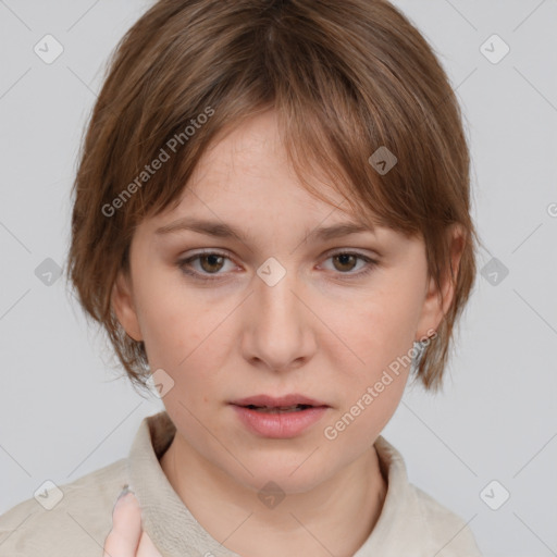 Neutral white young-adult female with medium  brown hair and brown eyes