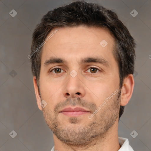 Neutral white adult male with short  brown hair and brown eyes