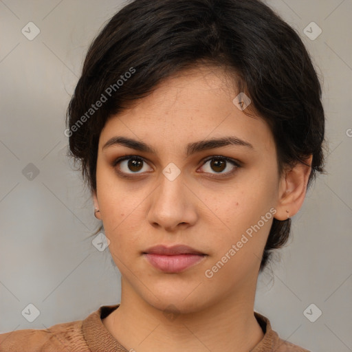 Neutral white young-adult female with medium  brown hair and brown eyes