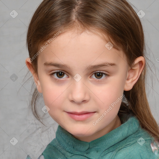 Joyful white child female with medium  brown hair and brown eyes