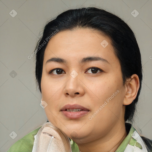 Neutral asian young-adult female with medium  black hair and brown eyes