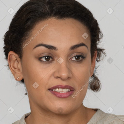 Joyful latino young-adult female with short  brown hair and brown eyes