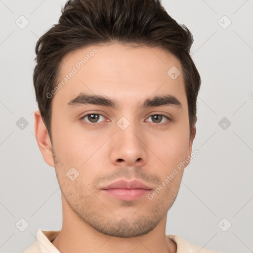 Neutral white young-adult male with short  brown hair and brown eyes