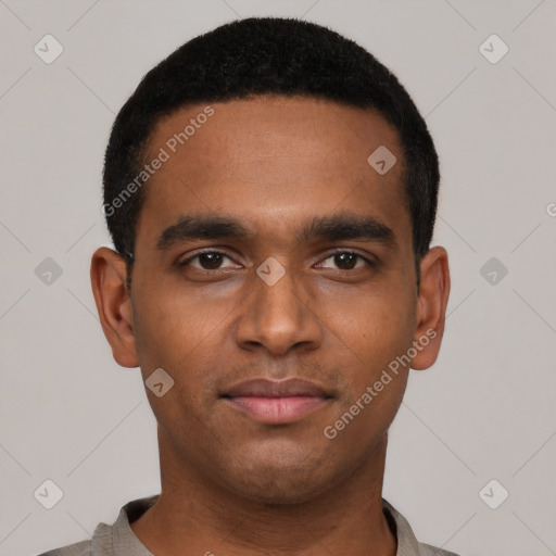 Neutral latino young-adult male with short  black hair and brown eyes