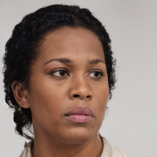 Neutral black young-adult female with short  black hair and brown eyes