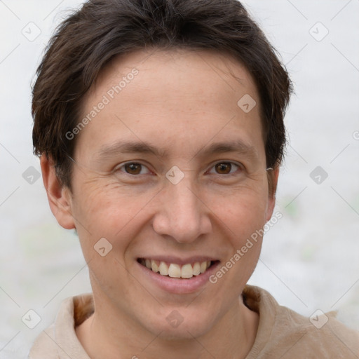 Joyful white adult female with short  brown hair and brown eyes