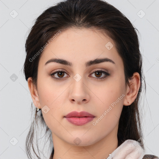 Neutral white young-adult female with medium  brown hair and brown eyes