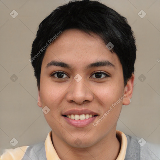 Joyful asian young-adult female with short  black hair and brown eyes