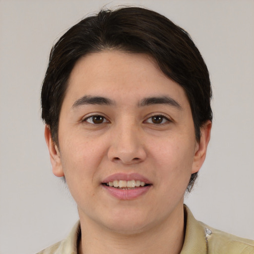 Joyful white young-adult male with medium  brown hair and brown eyes