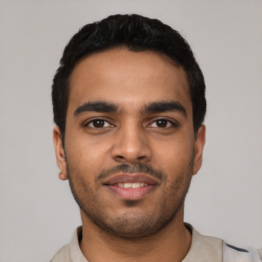 Neutral latino young-adult male with short  black hair and brown eyes