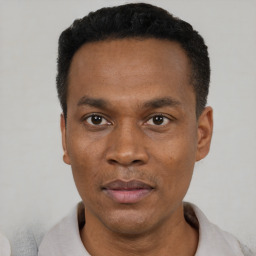 Neutral black adult male with short  black hair and brown eyes