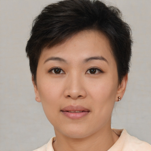 Neutral asian young-adult female with short  brown hair and brown eyes