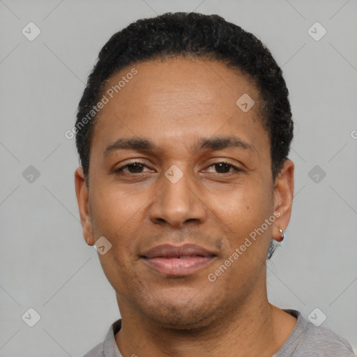 Neutral latino adult male with short  black hair and brown eyes