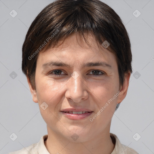 Joyful white young-adult female with short  brown hair and brown eyes